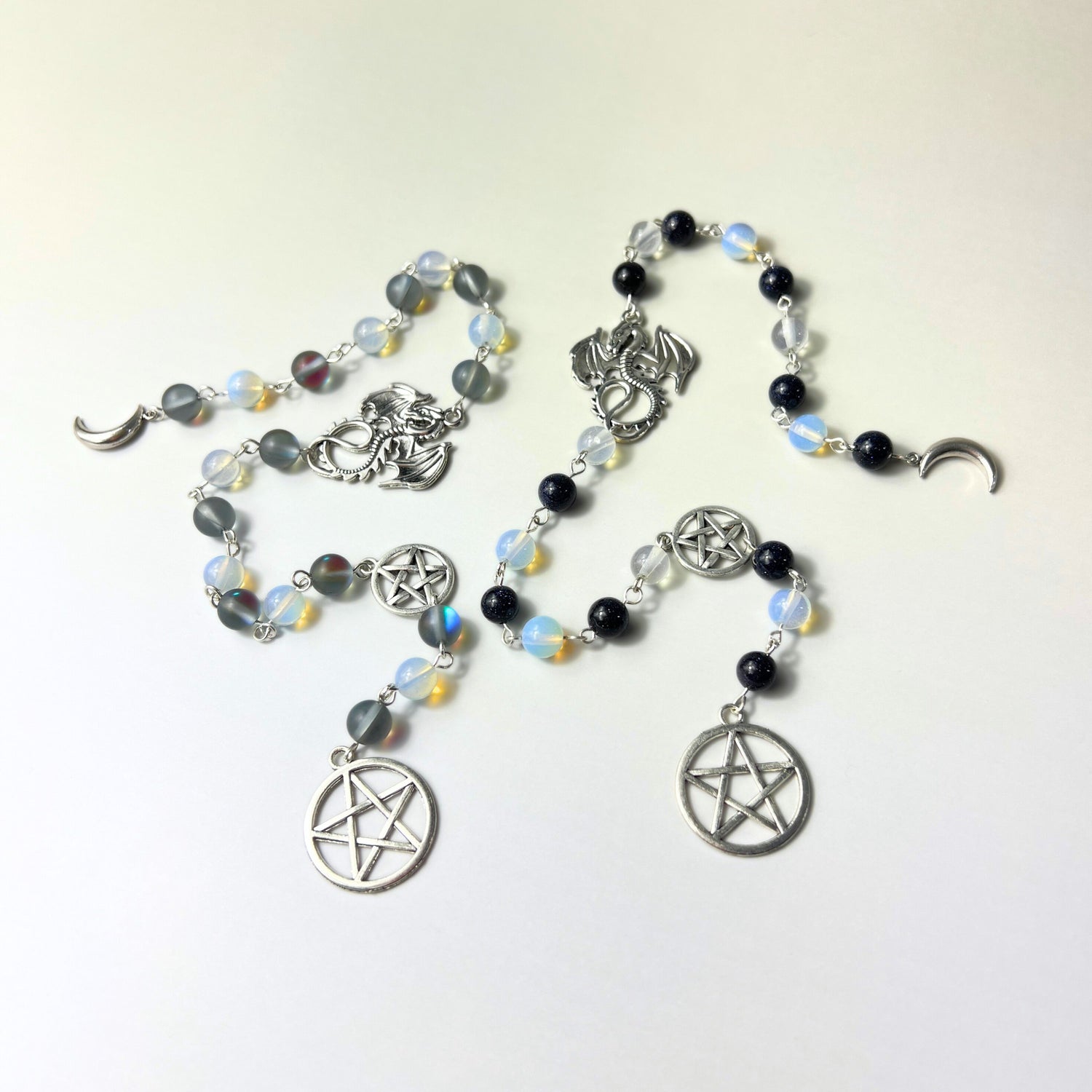 gemstone witch ladder for pagan rituals, spells and meditation, adorned with dragons, moons and pentacle