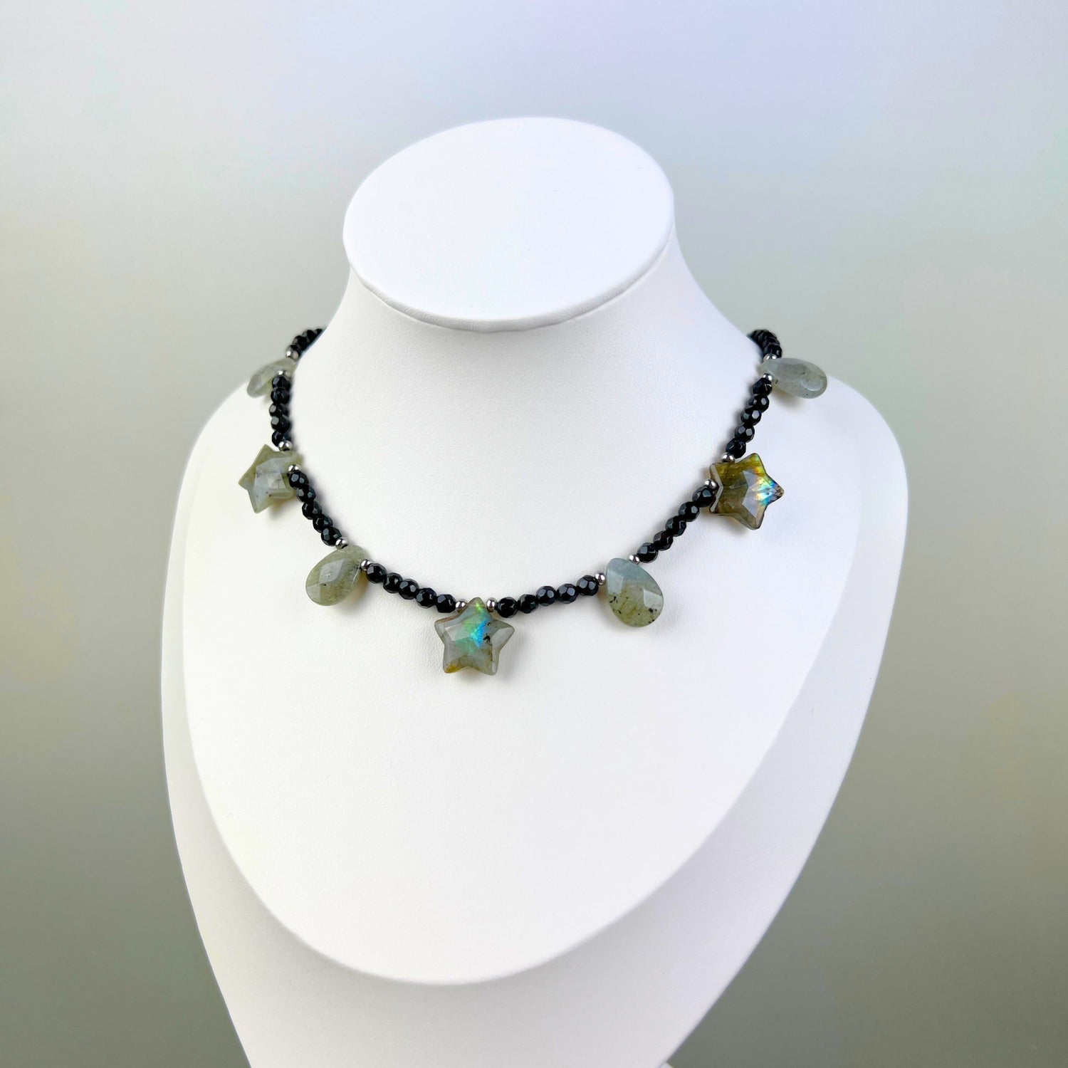 onyx and labradorite gemstone chocker with teardrop and stars