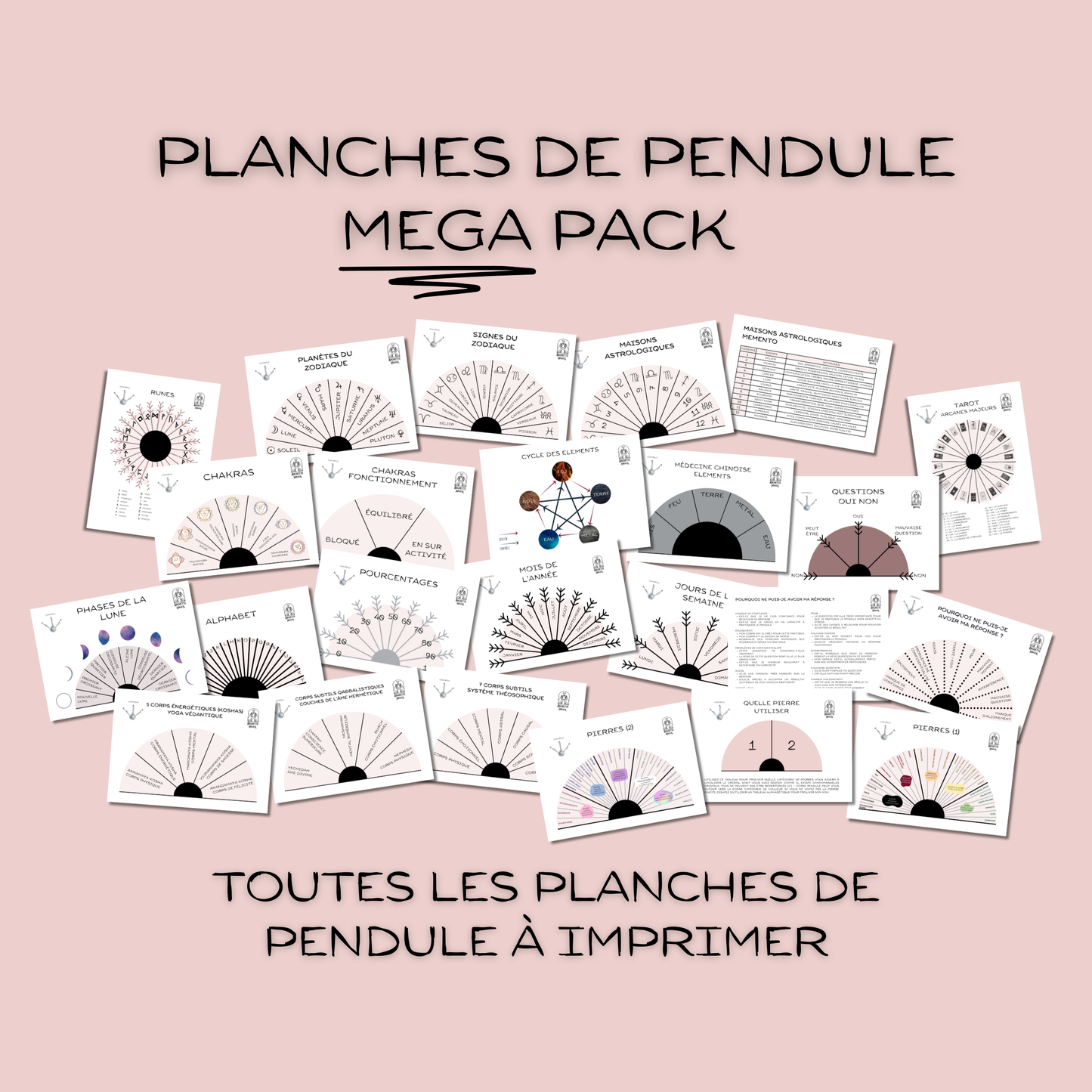 Pendulum charts MEGA pack, FRENCH language: all the printable dowsing charts for pendulum divination