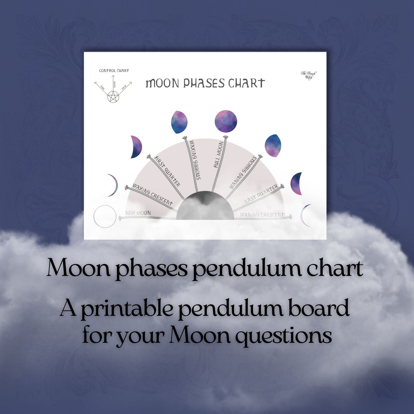 Moon phases printable pendulum chart Moon pendulum board printable for dowsing divination fortune telling witchcraft A4 A5 US letter PDF