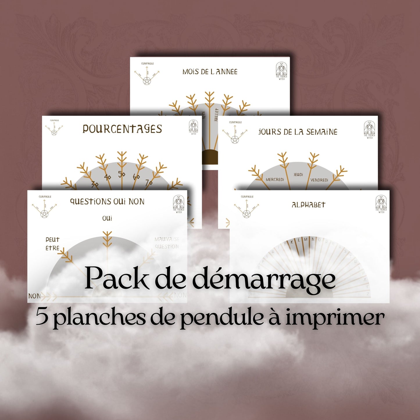 5 planches de pendule à imprimer pack de démarrage langue française fichiers PDF à imprimer pour divination radiesthésie