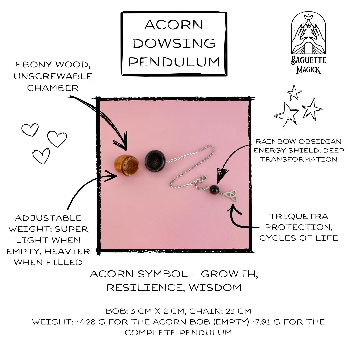 Acorn chamber pendulum, Ebony, Rainbow Obsidian and stainless steel Baguette Magick