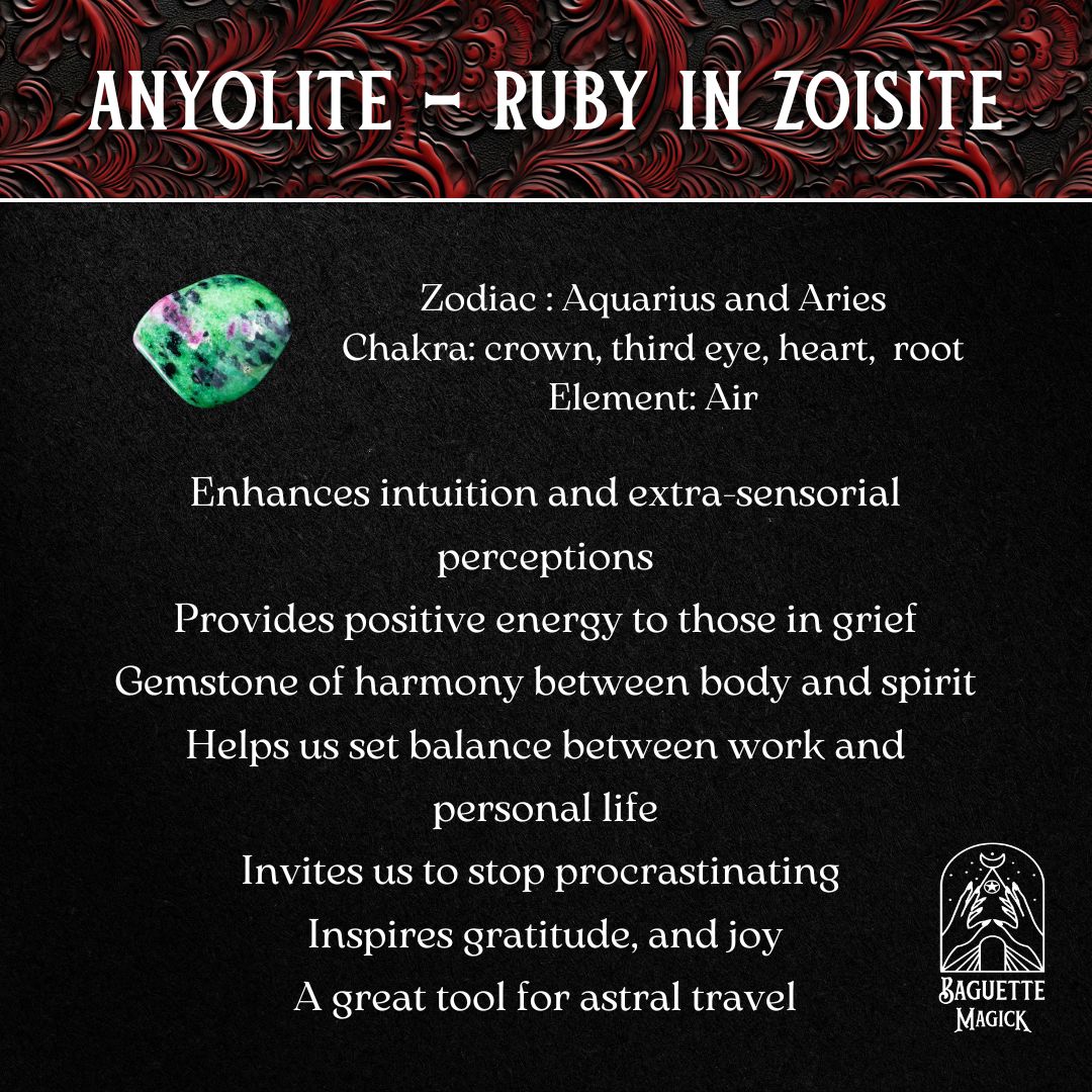 anyolite ruby zoisite crystal gemstone spiritual properties and virtues Baguette Magick