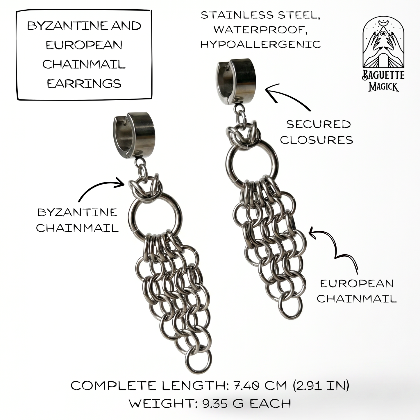 Chainmail earrings, Byzantine and European, stainless steel