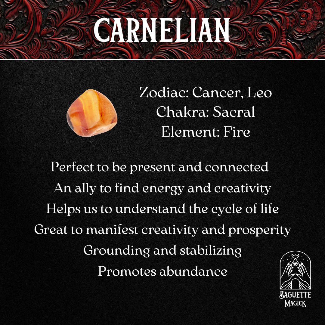 carnelian crystal gemstone spiritual properties and virtues Baguette Magick