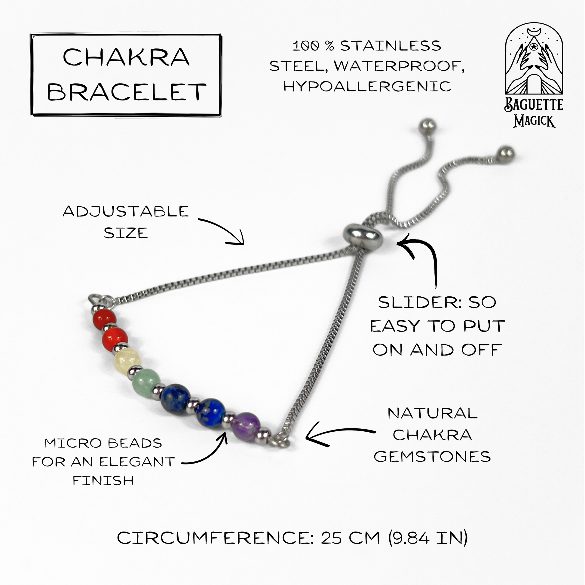 Seven chakra slider bracelet, natural gemstones, stainless steel Baguette Magick