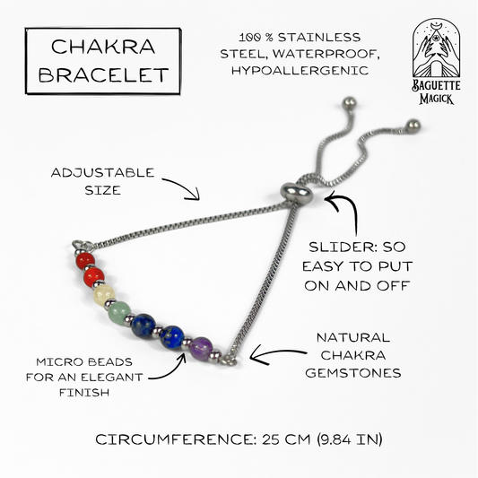 Seven chakra slider bracelet, natural gemstones, stainless steel Baguette Magick