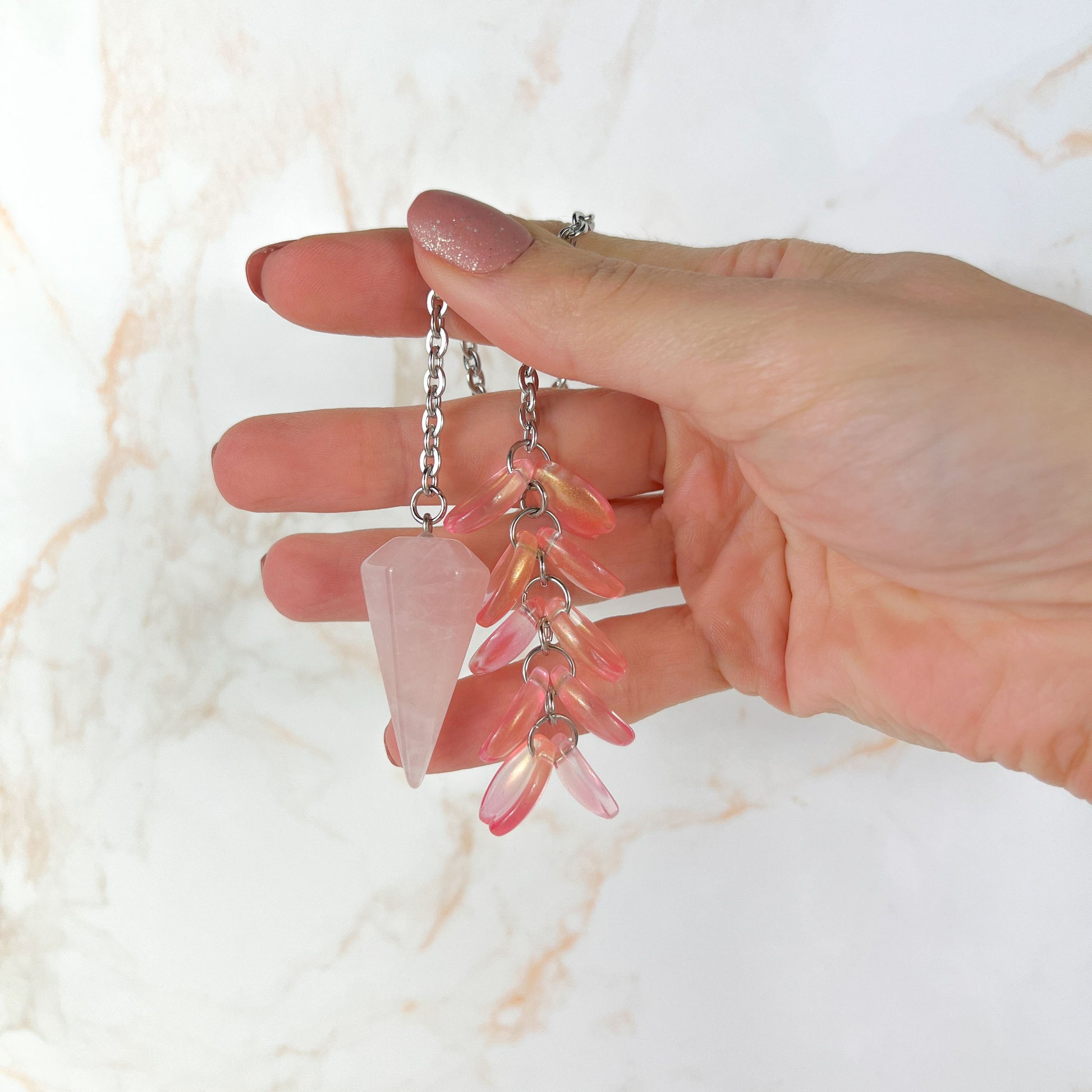 Rose quartz and sakura petals dowsing pendulum, stainless steel Baguette Magick