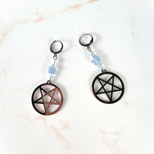 Inverted pentacle pastel goth earrings, with blue stars and opalite, stainless steel