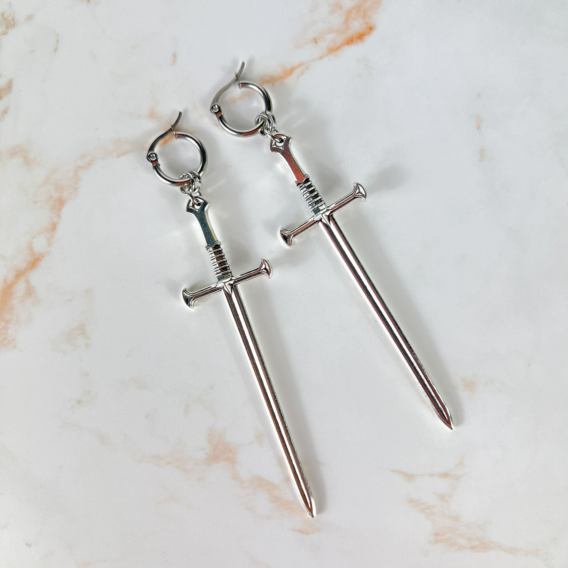 Medieval sword earrings, with hypoallergenic stainless steel hoops Baguette Magick