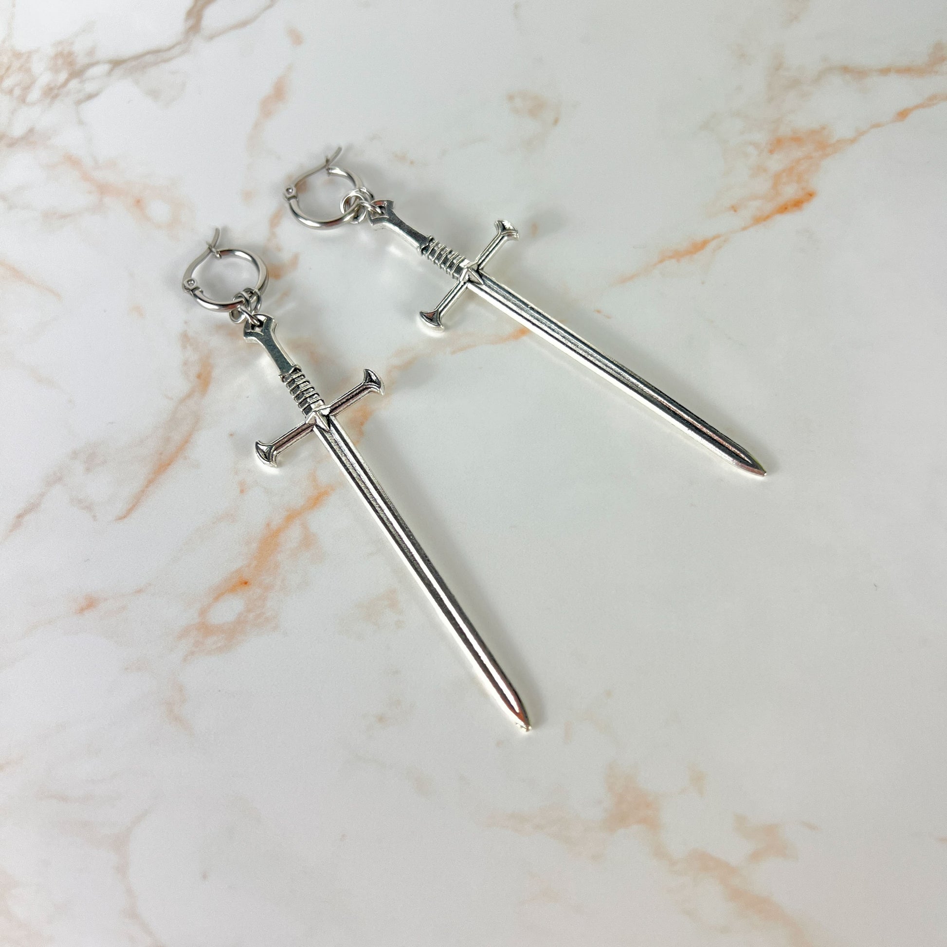 Medieval sword earrings, with hypoallergenic stainless steel hoops Baguette Magick