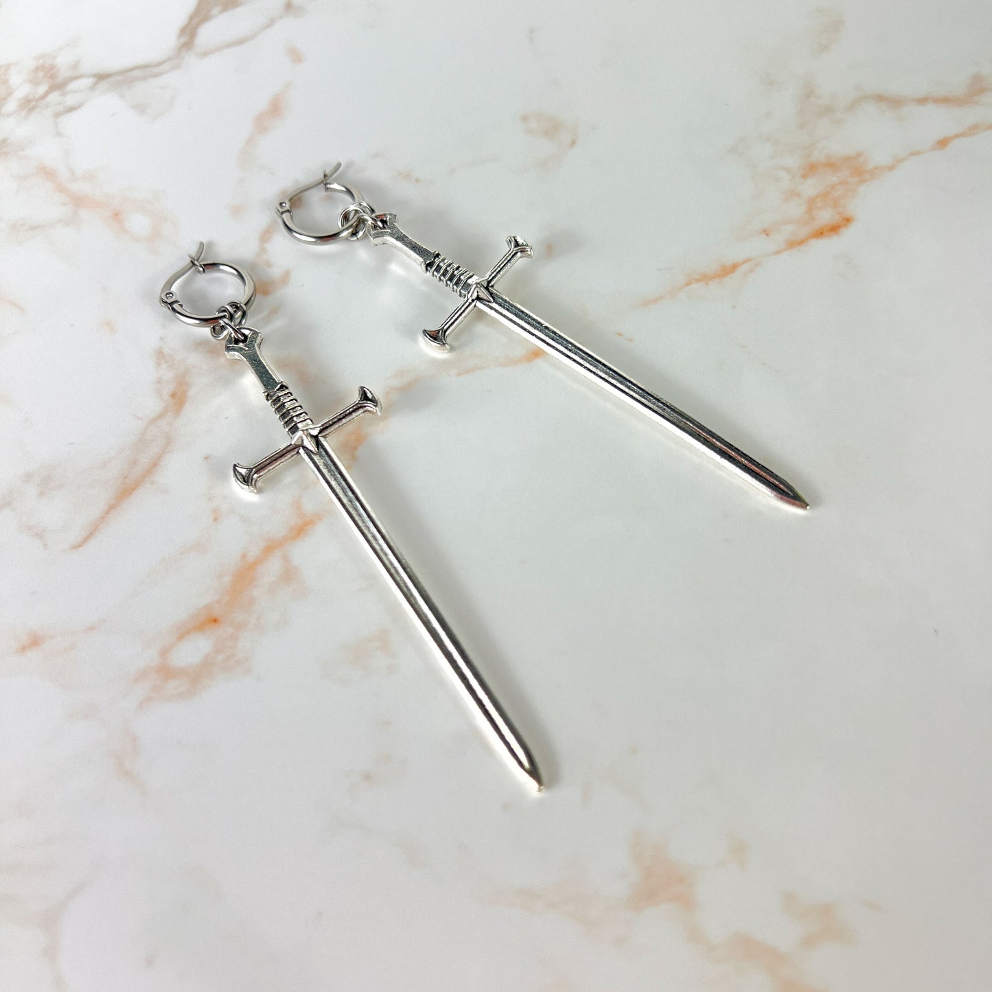 Medieval sword earrings, with hypoallergenic stainless steel hoops Baguette Magick