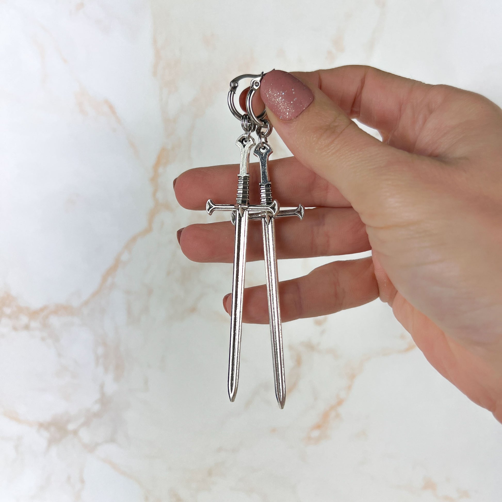 Medieval sword earrings, with hypoallergenic stainless steel hoops Baguette Magick