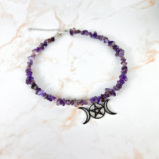 Triple Moon and pentacle raw Amethyst necklace choker, stainless steel Baguette Magick