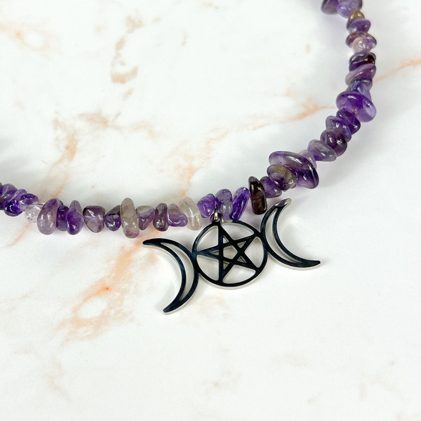 Triple Moon and pentacle raw Amethyst necklace choker, stainless steel Baguette Magick