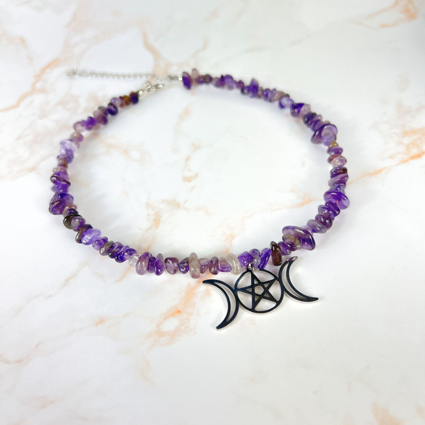 Triple Moon and pentacle raw Amethyst necklace choker, stainless steel Baguette Magick