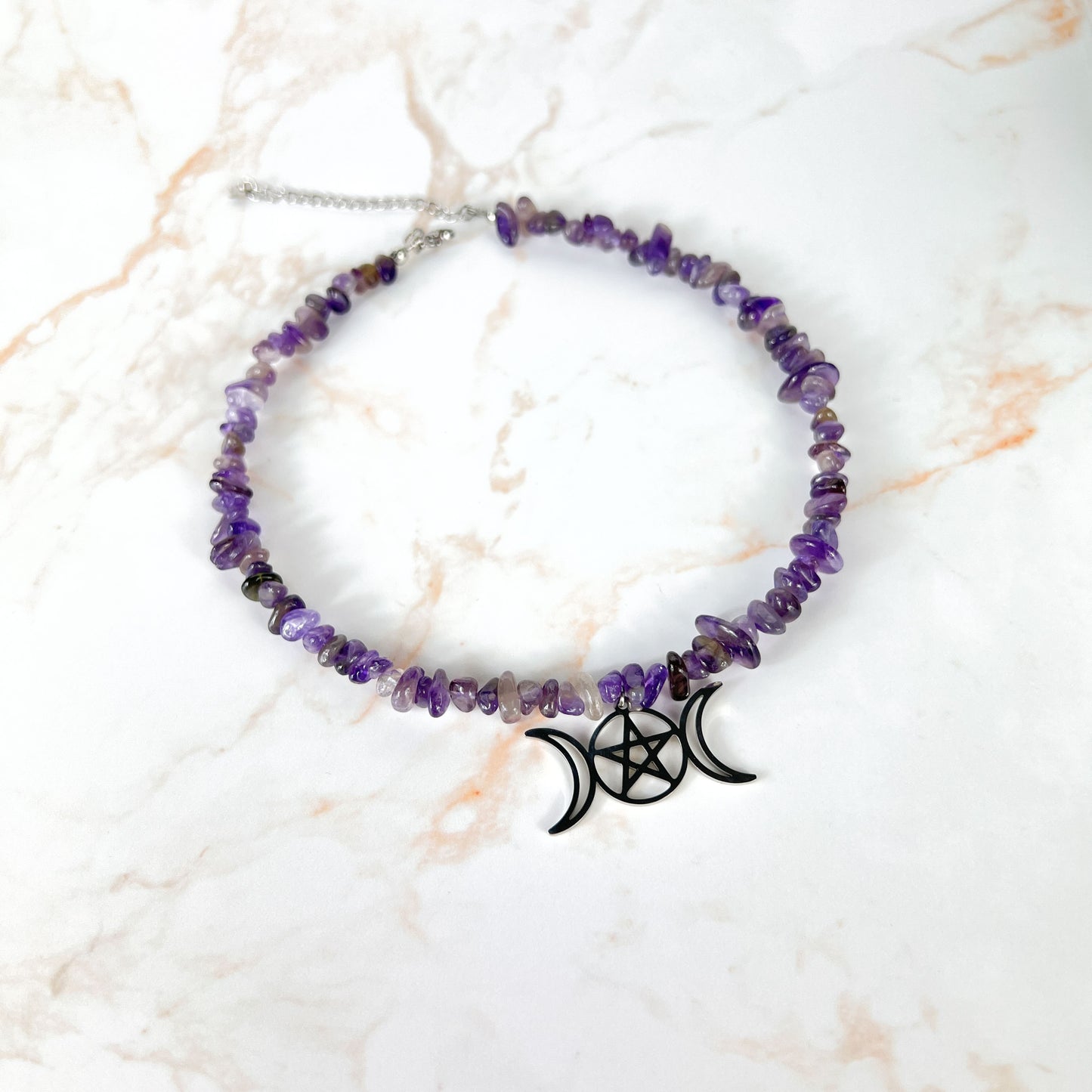 Triple Moon and pentacle raw Amethyst necklace choker, stainless steel Baguette Magick