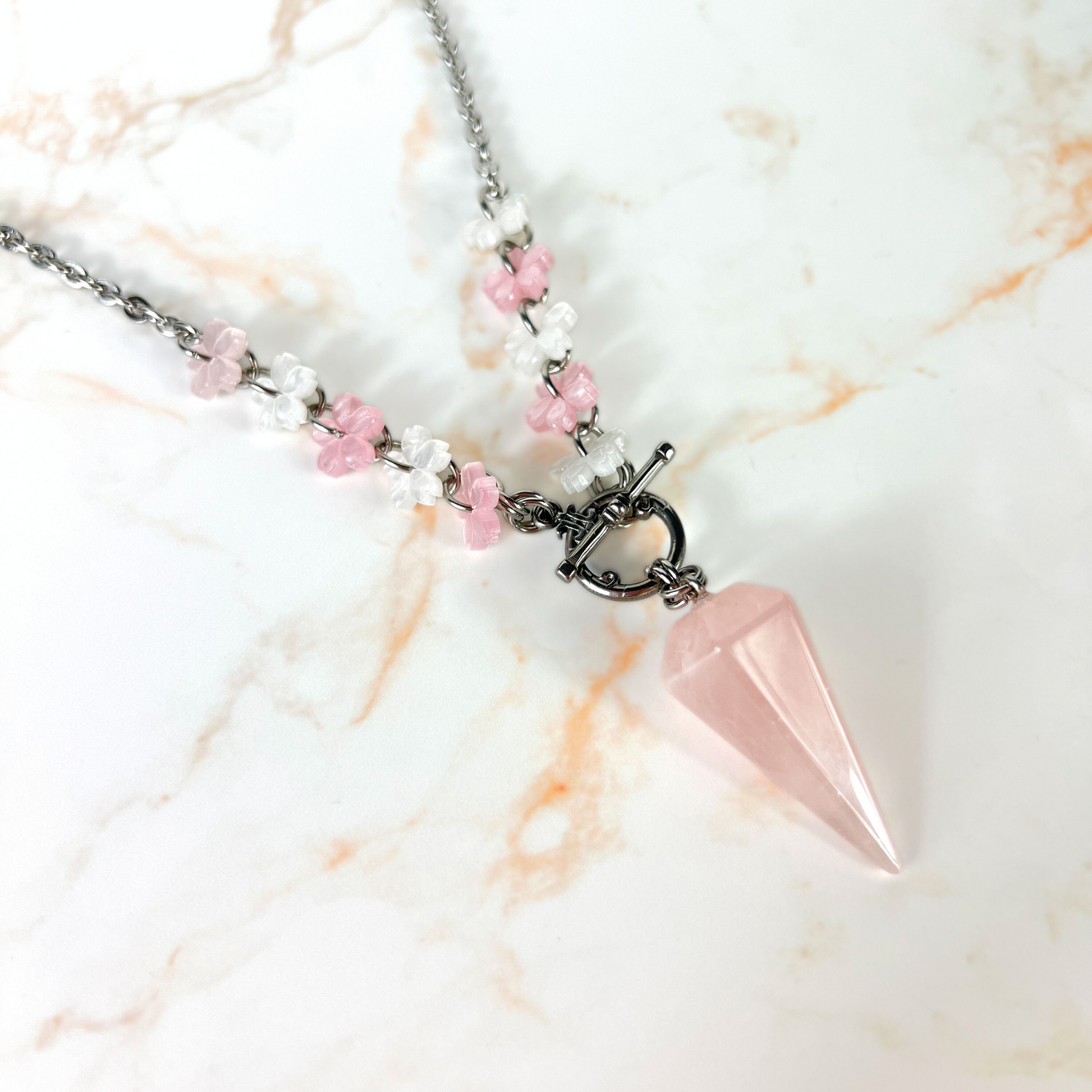 Sakura Rose Quartz pendulum necklace, stainless steel Baguette Magick