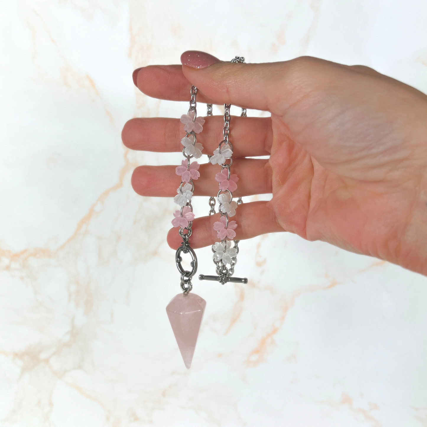 Sakura Rose Quartz pendulum necklace, stainless steel Baguette Magick