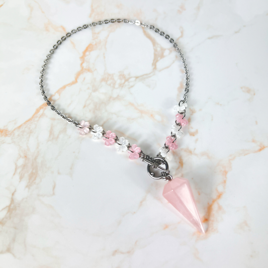 Sakura Rose Quartz pendulum necklace, stainless steel Baguette Magick