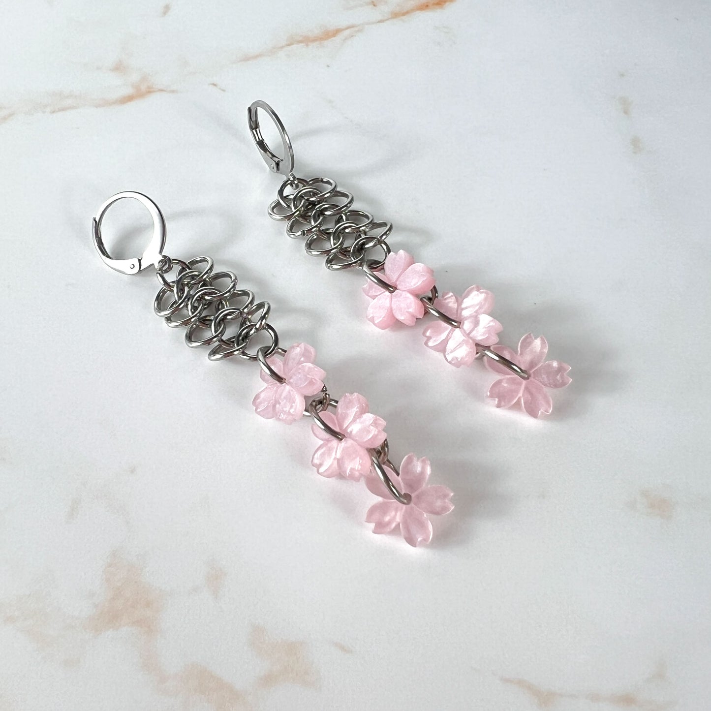 Micro chainmail sakura earrings, stainless steel Baguette Magick