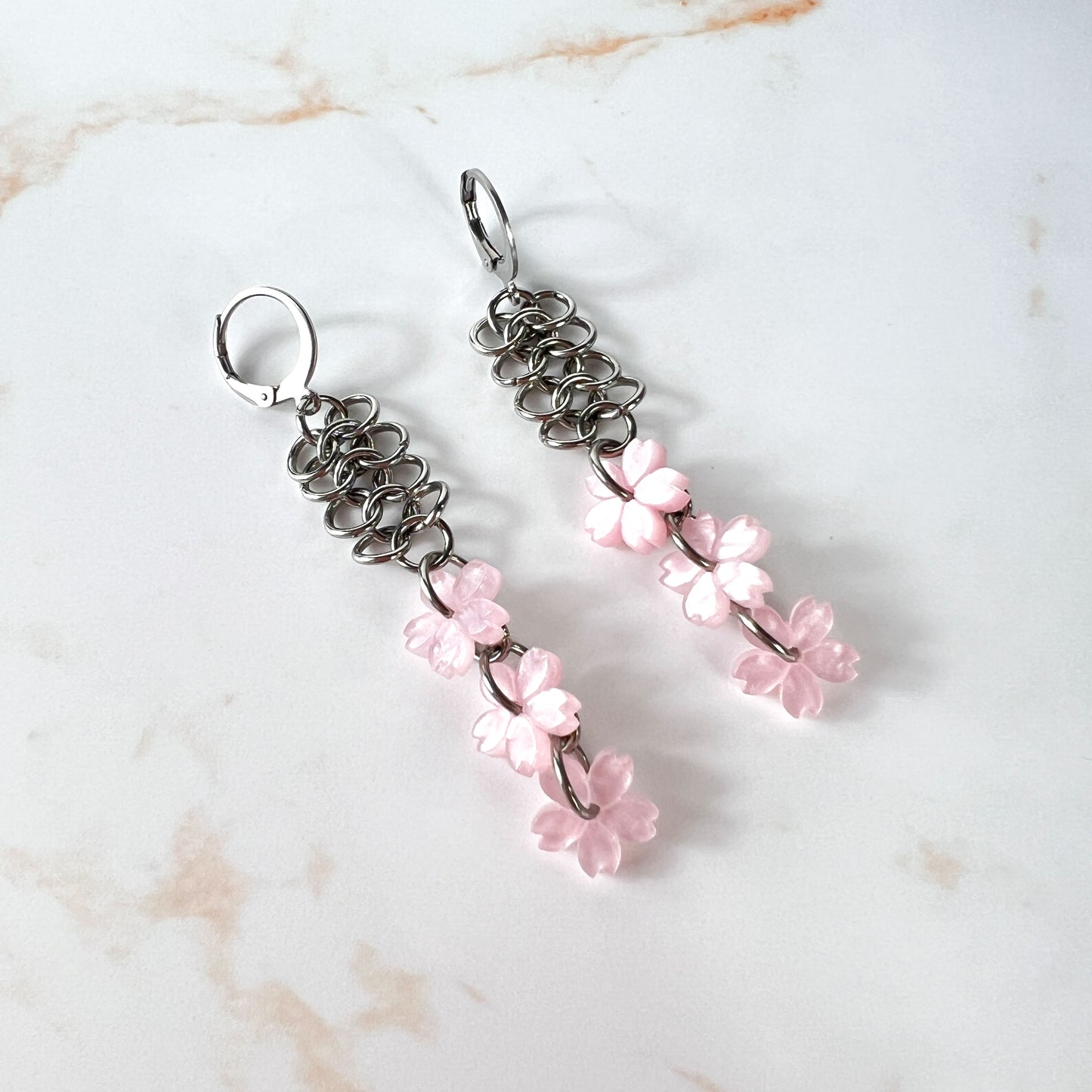 Micro chainmail sakura earrings, stainless steel Baguette Magick