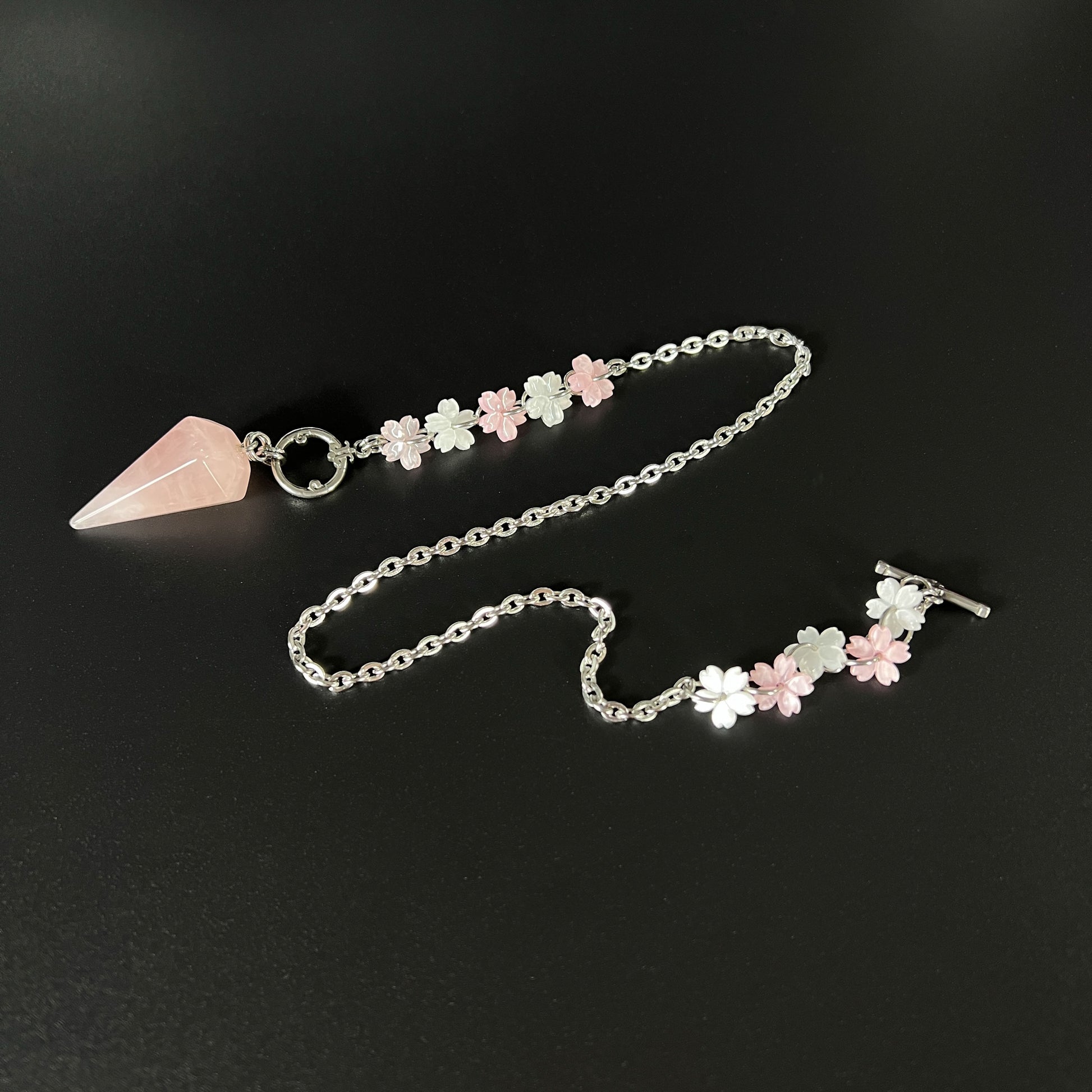 Sakura Rose Quartz pendulum necklace, stainless steel Baguette Magick