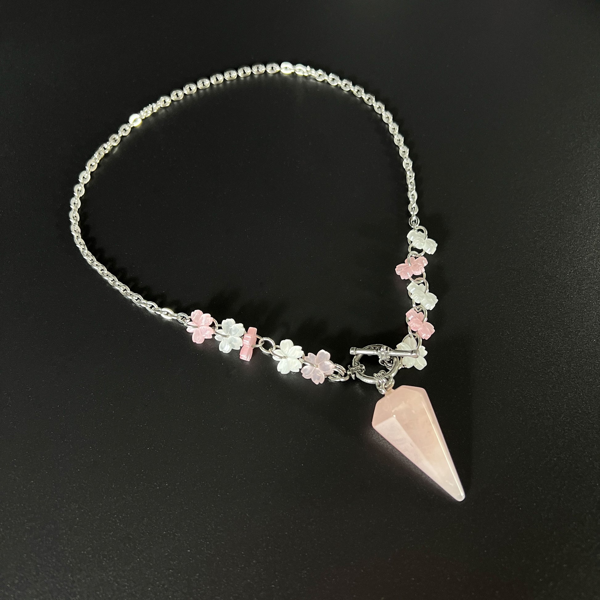 Sakura Rose Quartz pendulum necklace, stainless steel Baguette Magick