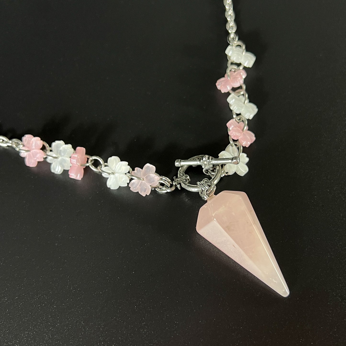 Sakura Rose Quartz pendulum necklace, stainless steel Baguette Magick