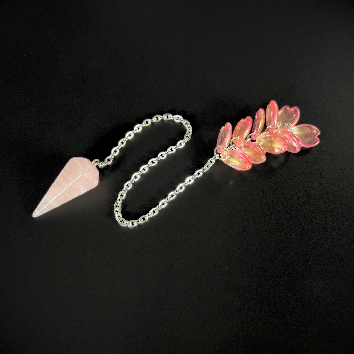 Rose quartz and sakura petals dowsing pendulum, stainless steel Baguette Magick