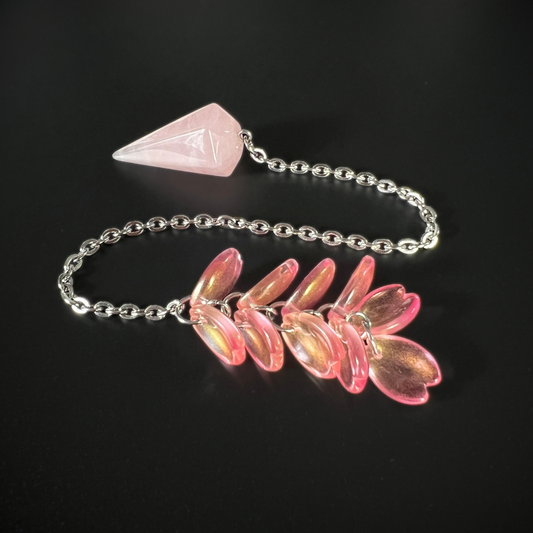 Rose quartz and sakura petals dowsing pendulum, stainless steel