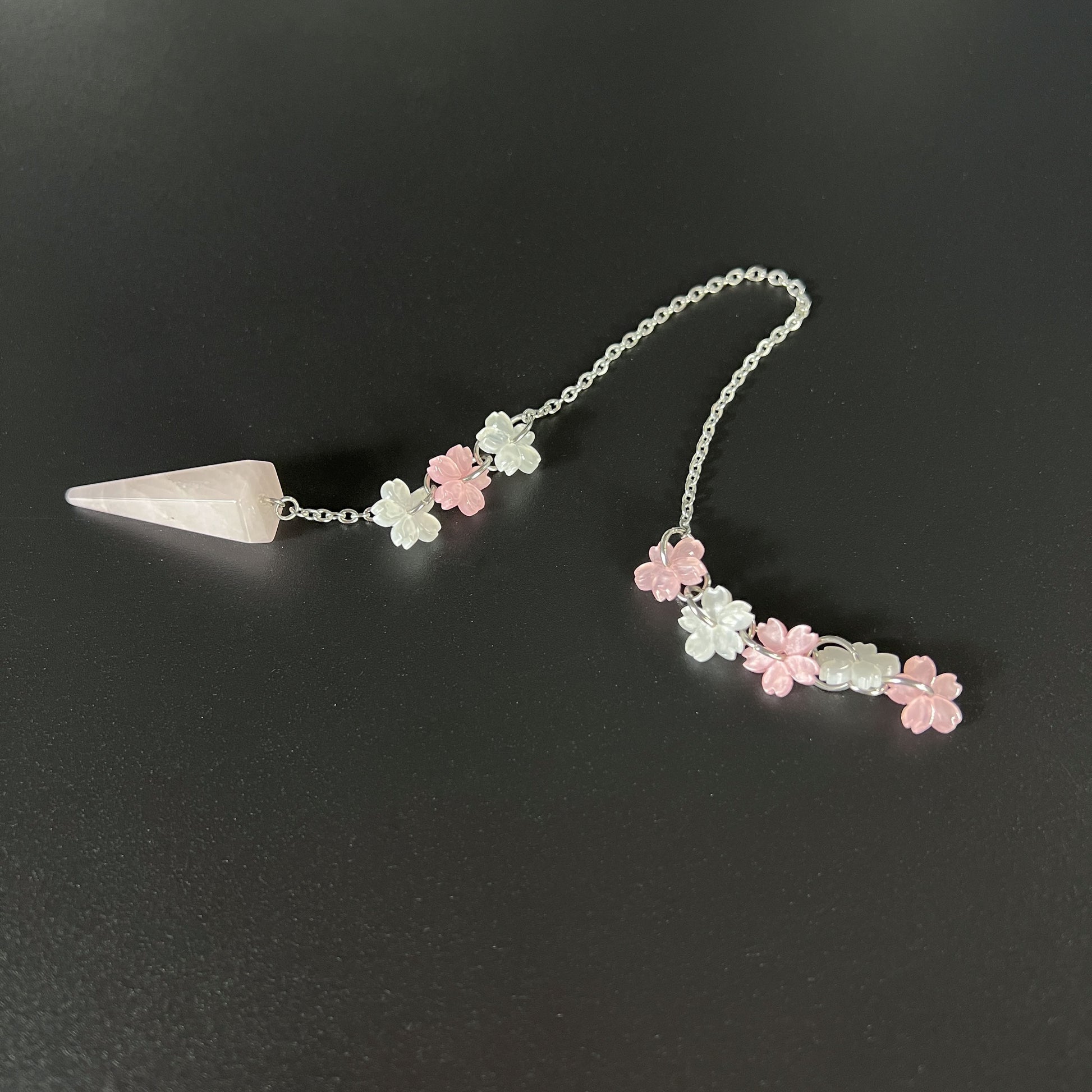 Sakura rose quartz dowsing pendulum, stainless steel Baguette Magick