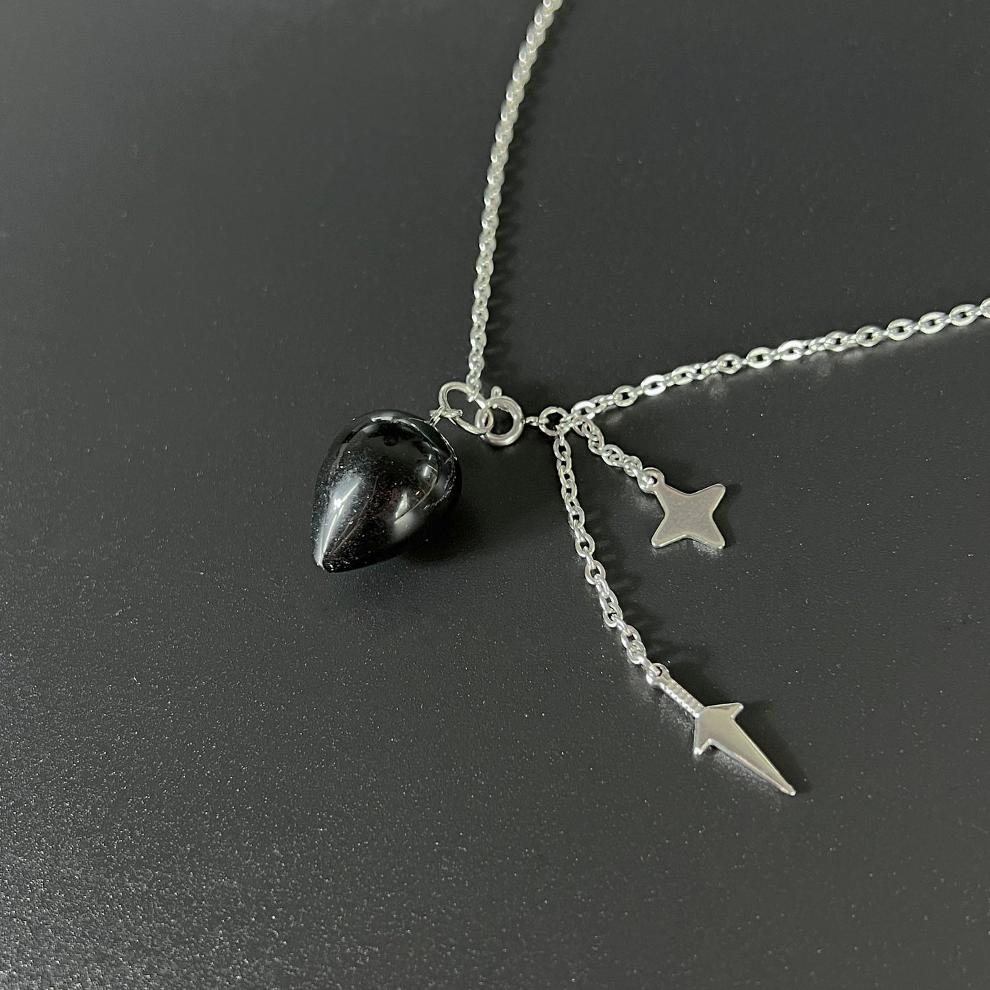 Obsidian, kunai and shuriken pendulum necklace, stainless steel Baguette Magick