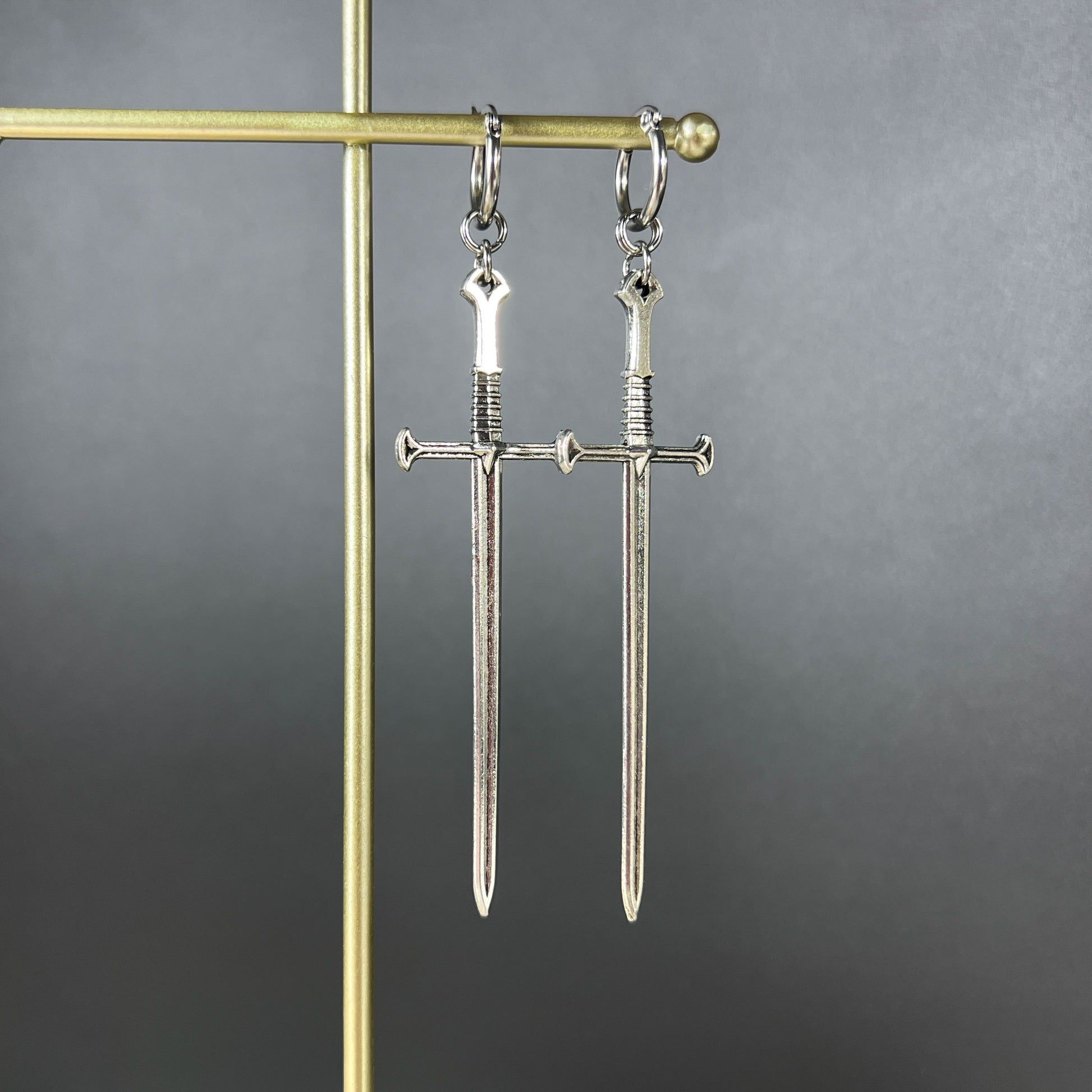 Medieval sword earrings, with hypoallergenic stainless steel hoops Baguette Magick