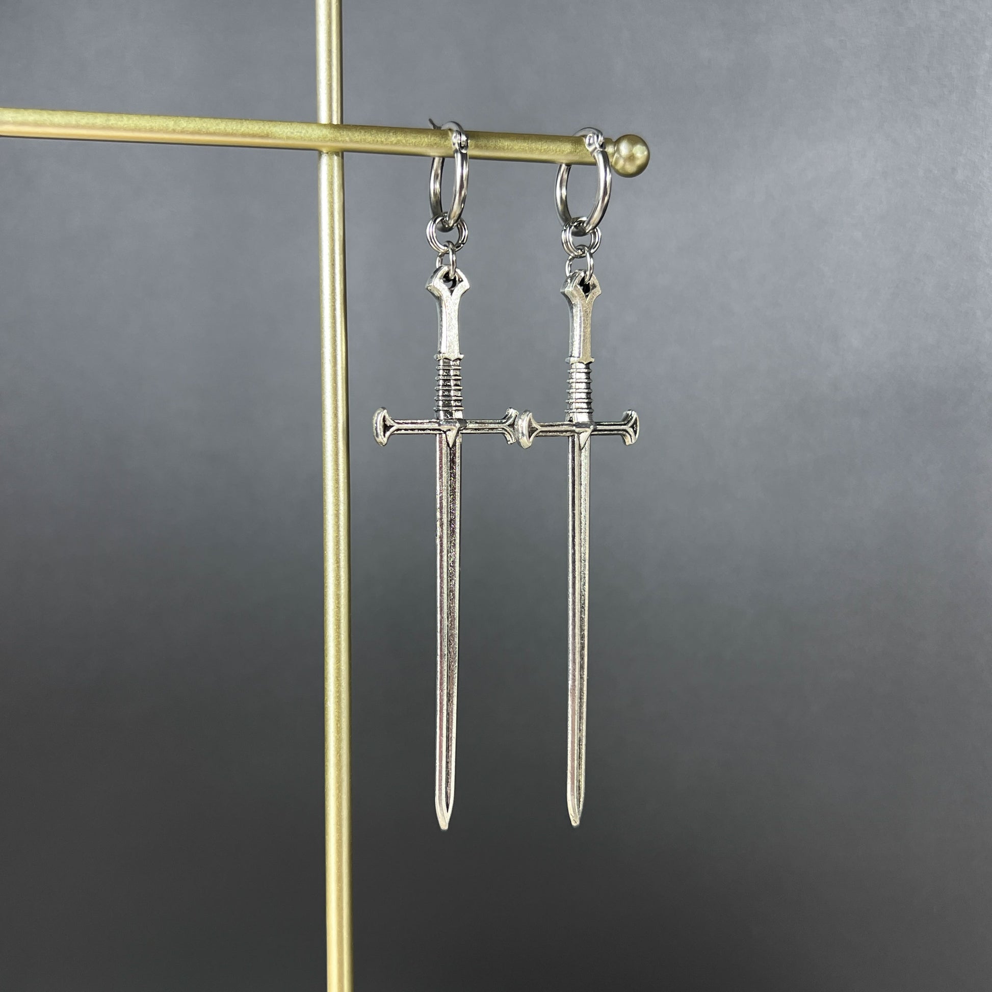 Medieval sword earrings, with hypoallergenic stainless steel hoops Baguette Magick