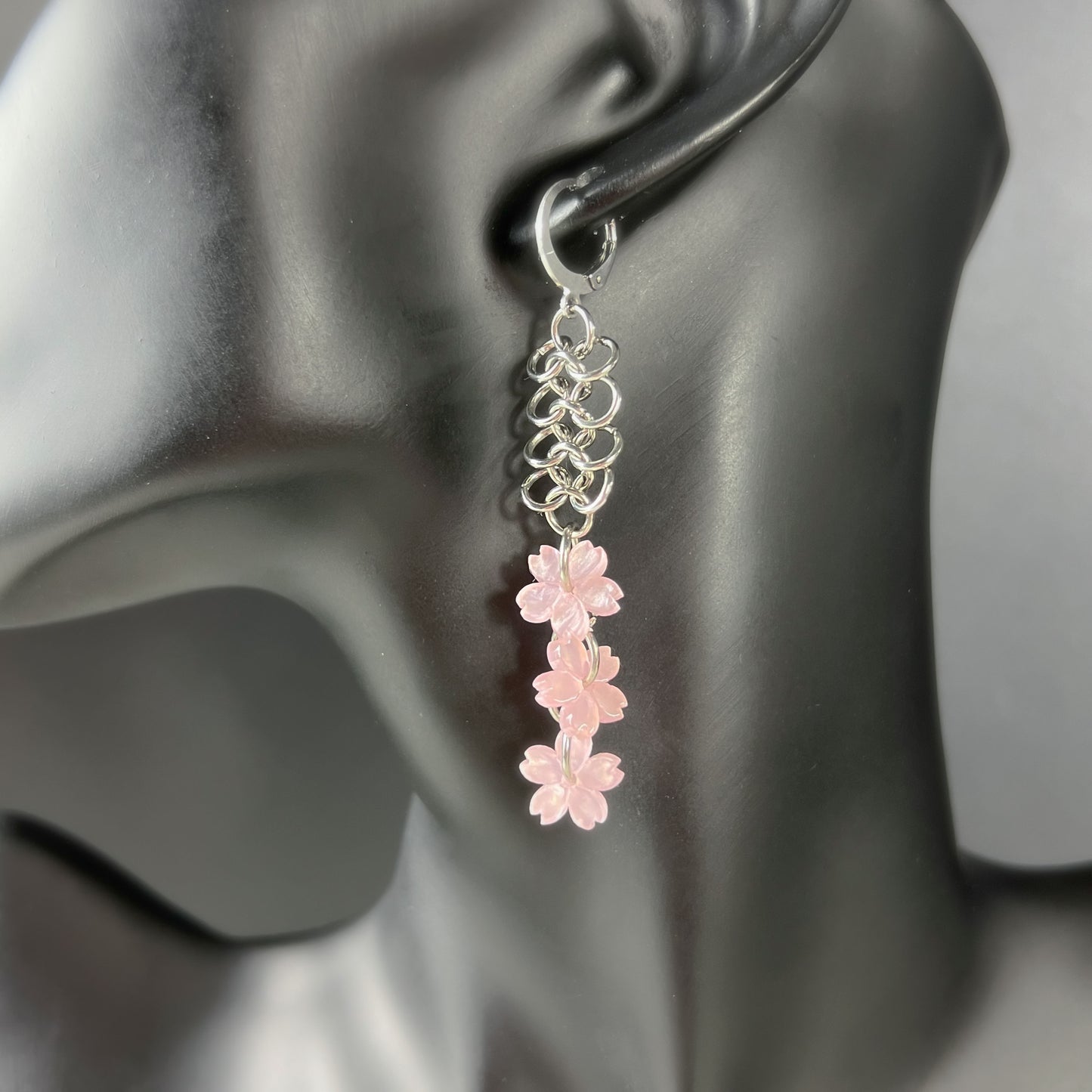 Micro chainmail sakura earrings, stainless steel Baguette Magick