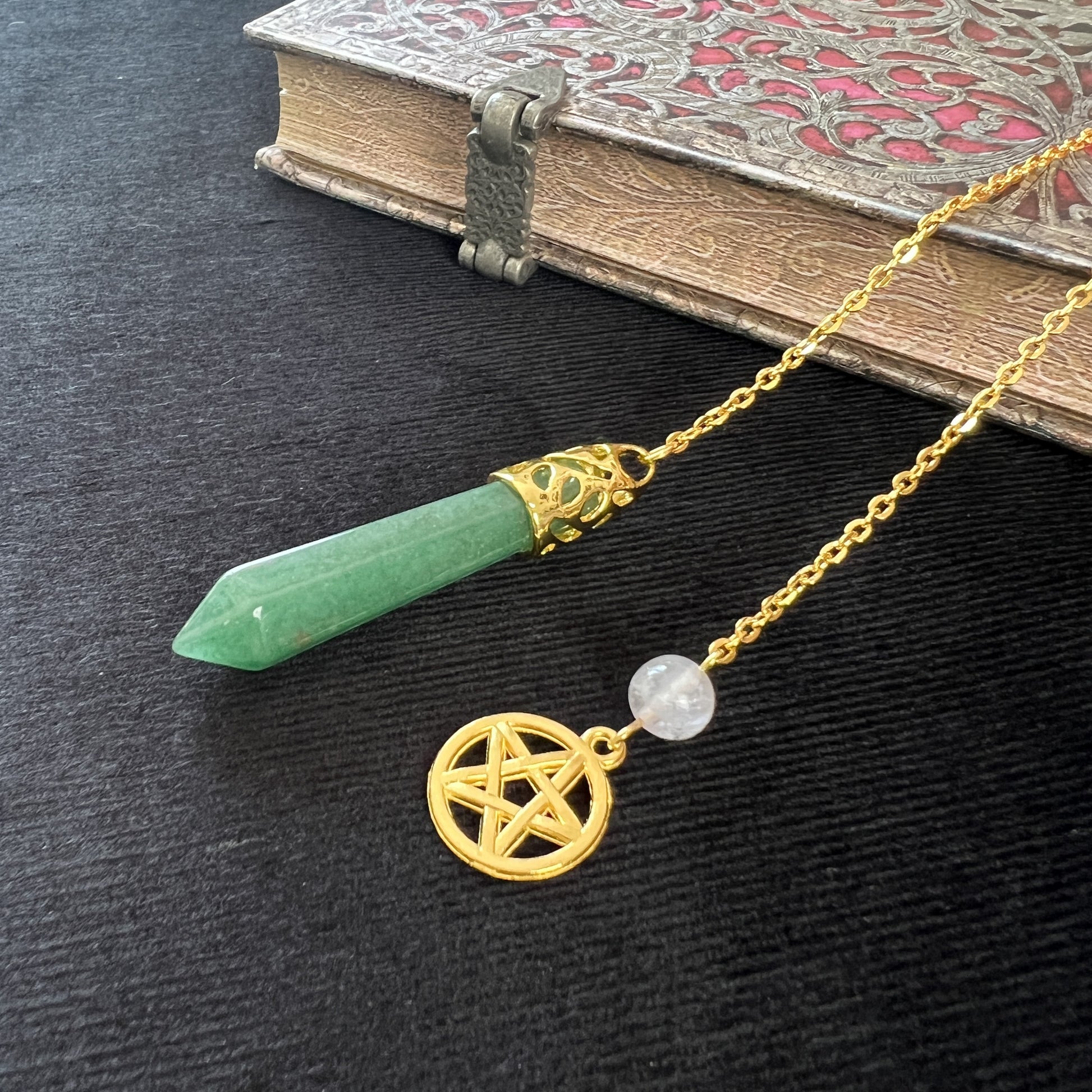 Aventurine and rose quartz pentacle gemstone pendulum for dowsing, healing, witchcraft