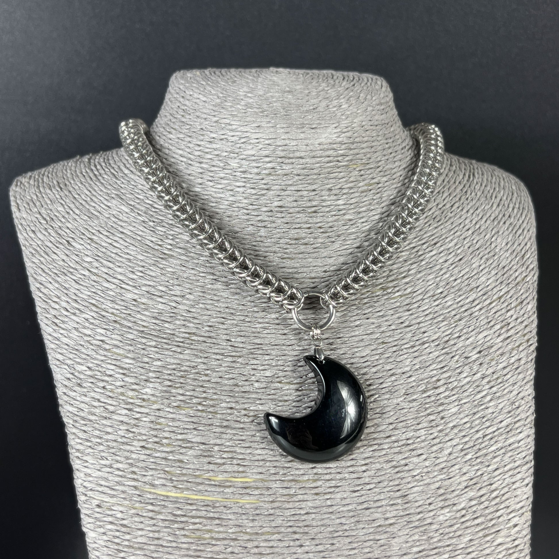 Full Persian Obsidian crescent moon chainmail necklace, stainless steel Baguette Magick