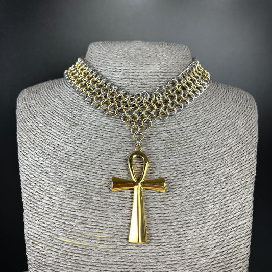 Ankh chainmail choker European 4 in 1 stainless steel and 18k gold plated necklace Baguette Magick