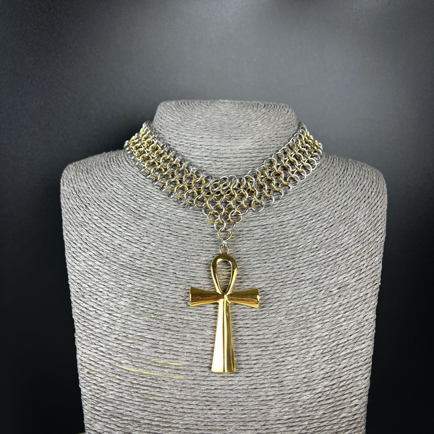 Ankh chainmail choker European 4 in 1 stainless steel and 18k gold plated necklace Baguette Magick