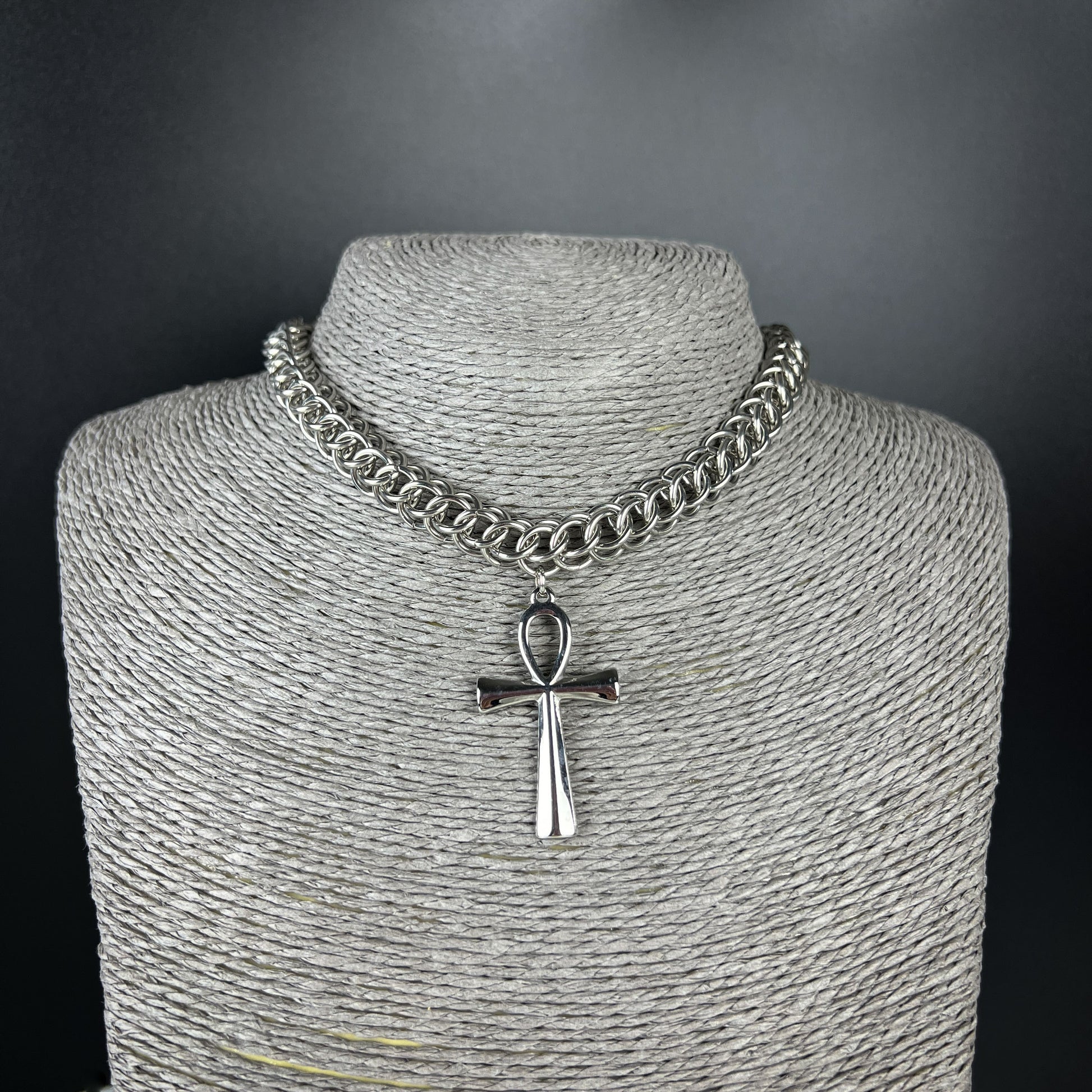 Half Persian chainmail choker with an Ankh pendant, Egyptian cross, stainless steel necklace Baguette Magick