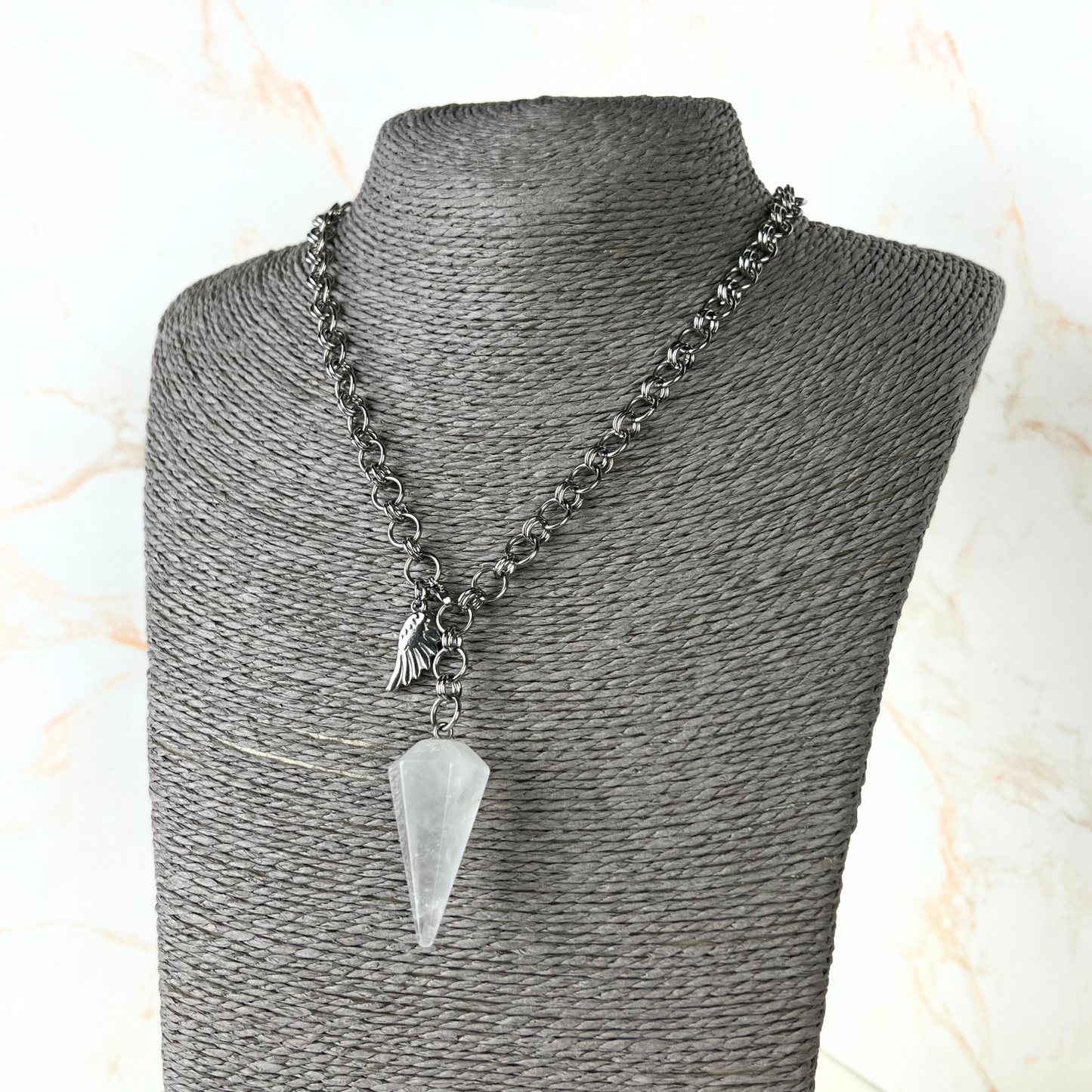 Quartz and wing divination pendulum necklace, adjustable stainless steel chain Baguette Magick