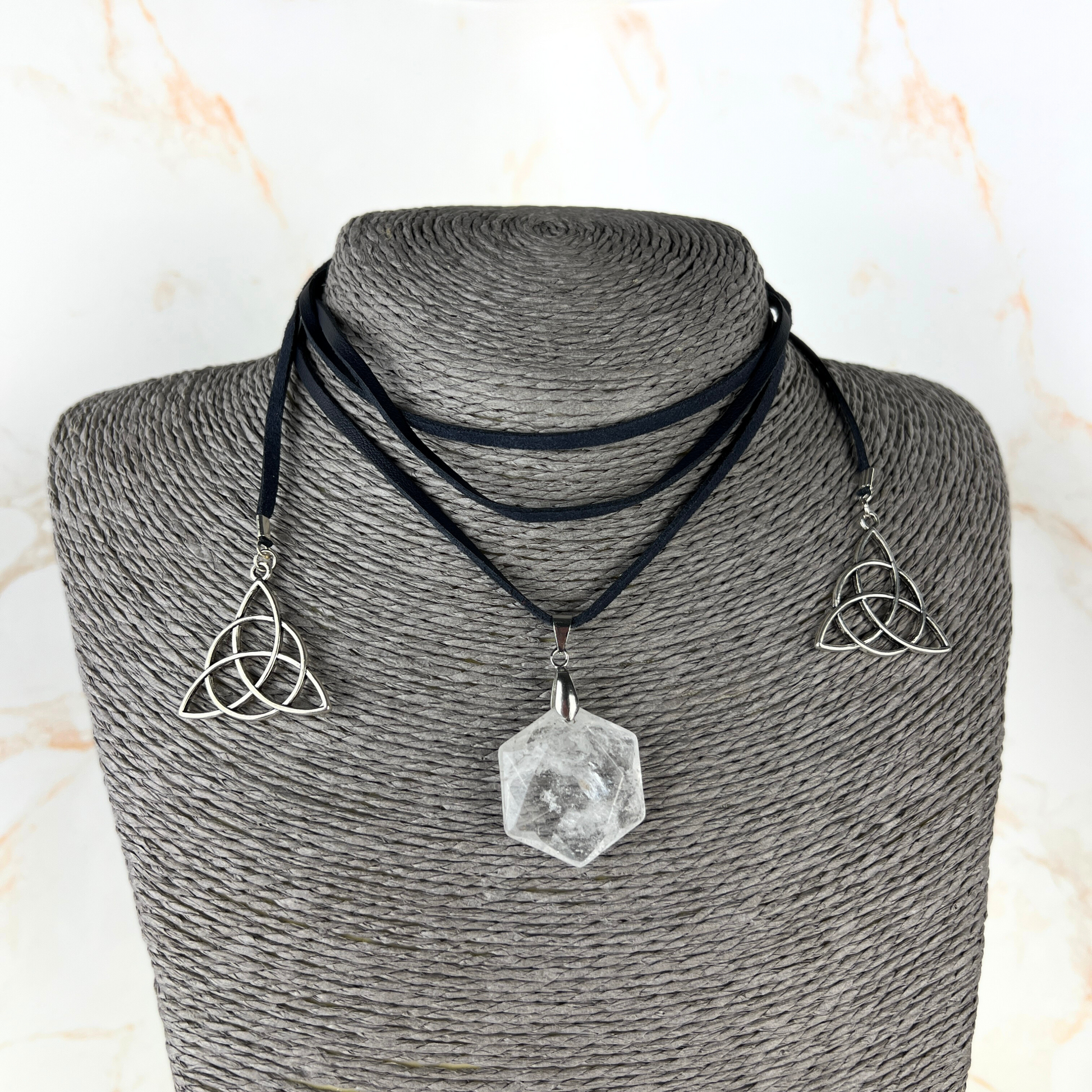 Quartz and triquetra wrap necklace in pink, lilac purple, or black Baguette Magick