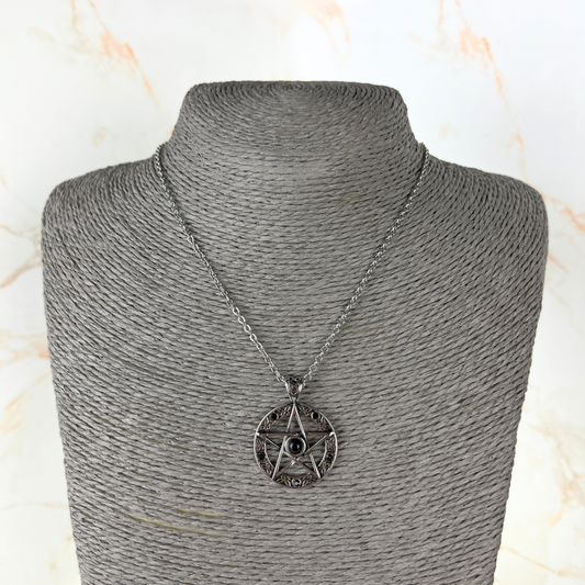 Stainless steel pentacle with black beads witchcraft necklace Baguette Magick