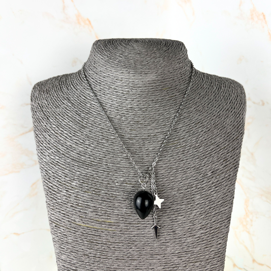 Obsidian, kunai and shuriken pendulum necklace, stainless steel Baguette Magick