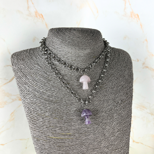 Amethyst or Rose Quartz mushroom stainless steel necklace Baguette Magick