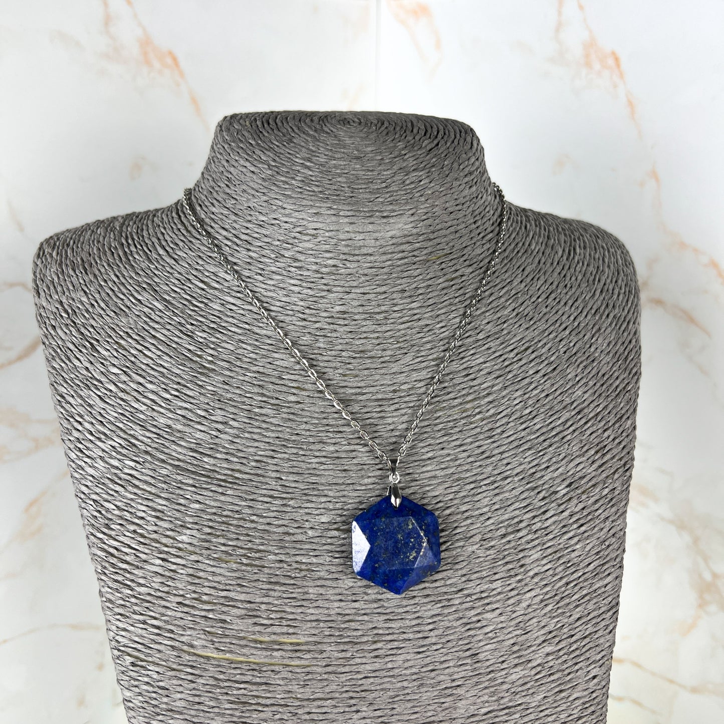 Gemstone hexagon necklace in Lapis Lazuli, Rose Quartz, Quartz, Amethyst or Labradorite Baguette Magick