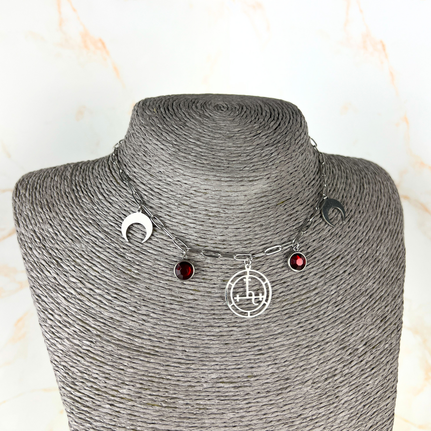 Lilith sigil paper clip chain choker, stainless steel and red rhinestones Baguette Magick