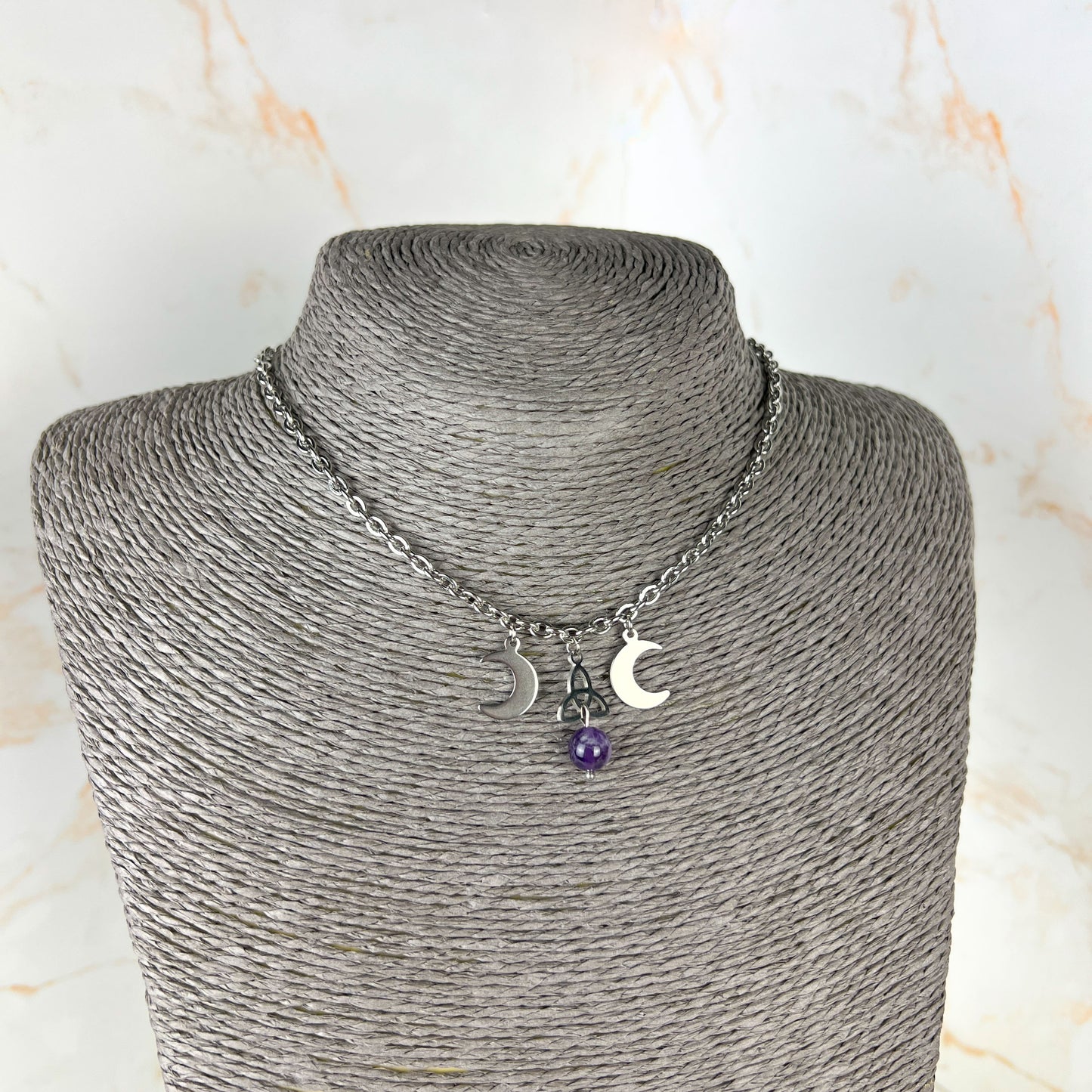 Triple moon Triquetra necklace made of stainless steel and gemstone Baguette Magick