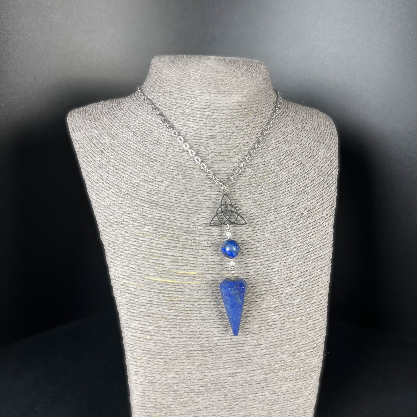 Lapis lazuli, Moonstone and triquetra Celtic knot pendulum necklace, stainless steel Baguette Magick